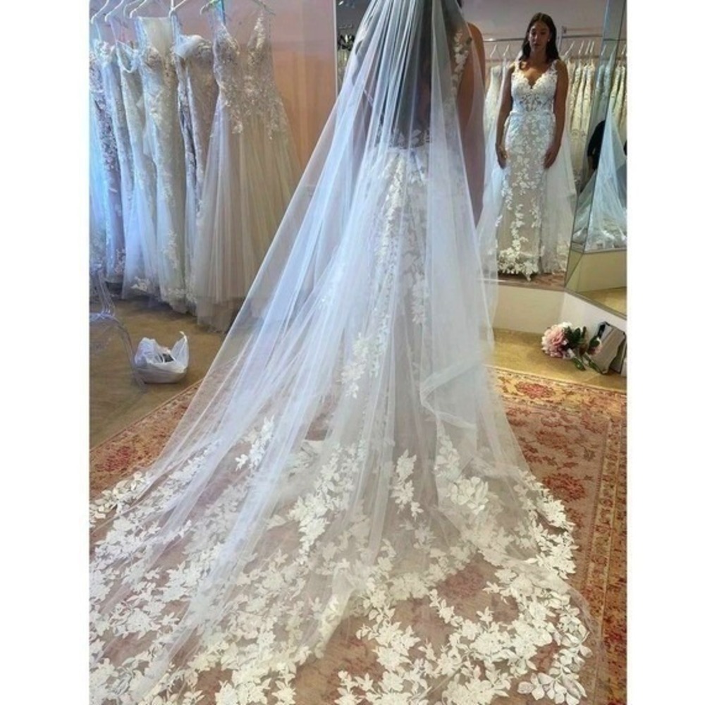 New‎ Extra Long Bridal Veil Wedding Lace Trim Floral Cathedral Ivory White